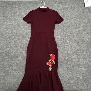 Another Story Dress Womens Size S Burgundy Floral Applique Mock Neck Mermaid Hem